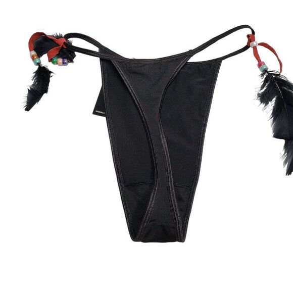 NEW Rampage Black Thong Underwear Feather Tie On Detail Women's Size Small - Picture 5 of 8